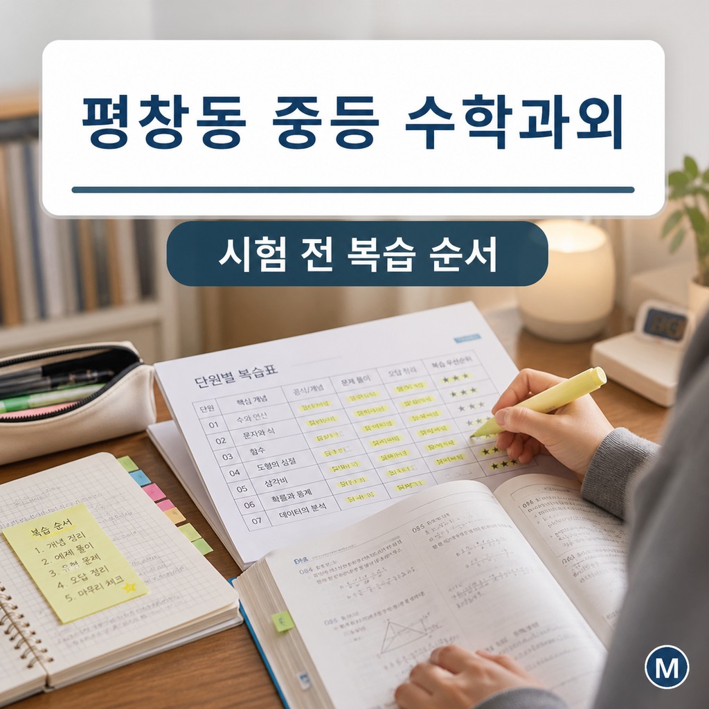 수학 교재와 단원별 복습표를 활용한 시험 준비 장면